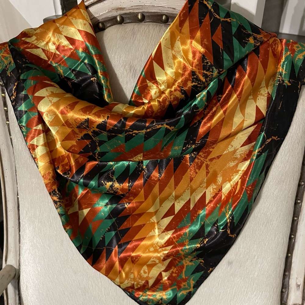 🧡🩵 Rowdy Crowd Western Cowgirl Wild Rag Scarf Orange Turquoise Navy Print🩵🧡